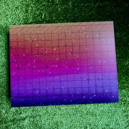 Colorful postcard with gradient from orange to purple on a green textured background