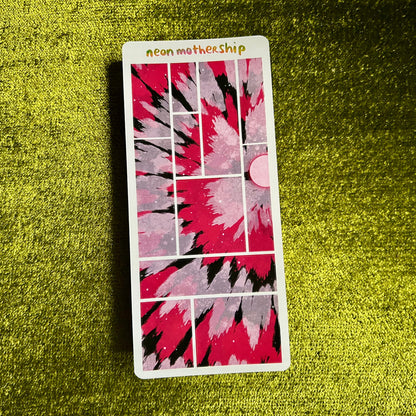 sticker sheet with bright pink tie-dye design and 'neon mothership' text on a green textured surface