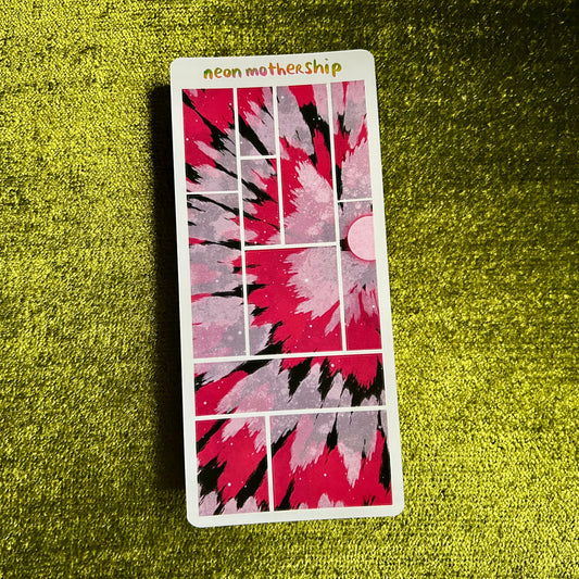 sticker sheet with bright pink tie-dye design and 'neon mothership' text on a green textured surface