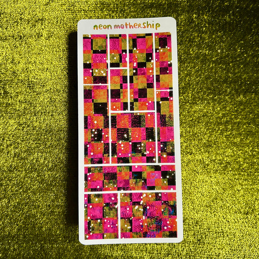 Sticker with a colorful pixelated design on a green textured background