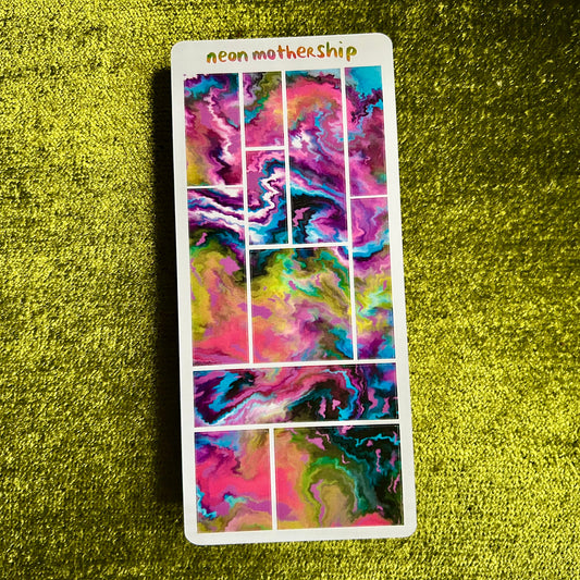 Colorful abstract design sticker with 'neon mothership' text on a textured green background