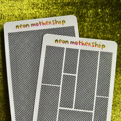 Two sticker sheets with 'neon mothership' text on a green textured background