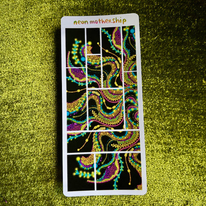sticker sheet with neon paisley design and 'neon mother ship' text on a green textured background