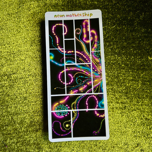 Neon-themed sticker sheet with abstract designs on a green textured surface
