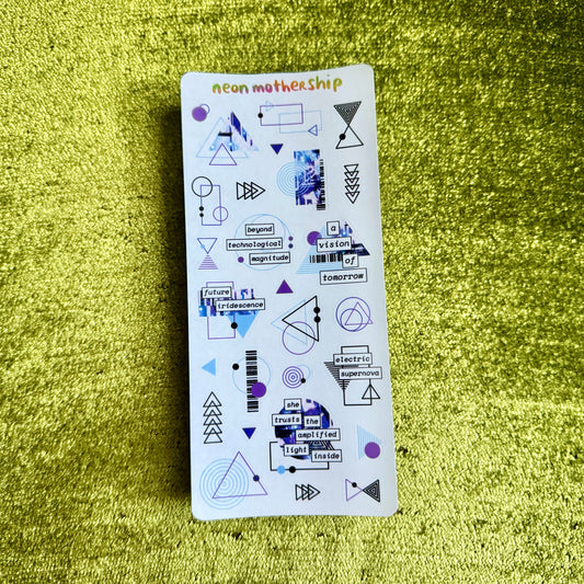 Sticker sheet with geometric designs on a green textured surface