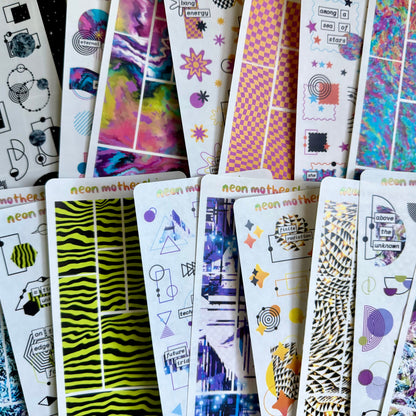 Collection of colorful sticker sheets with various designs on a white background