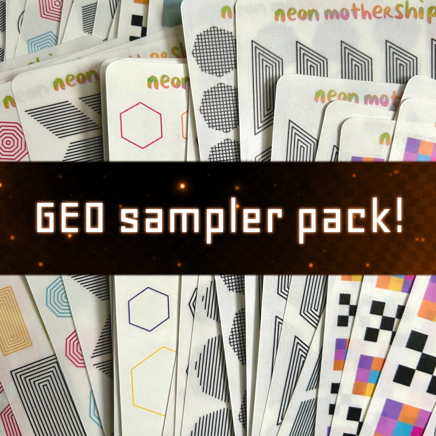 Sampler pack of GEO sticker sheets with various geometric patterns on a dark background
