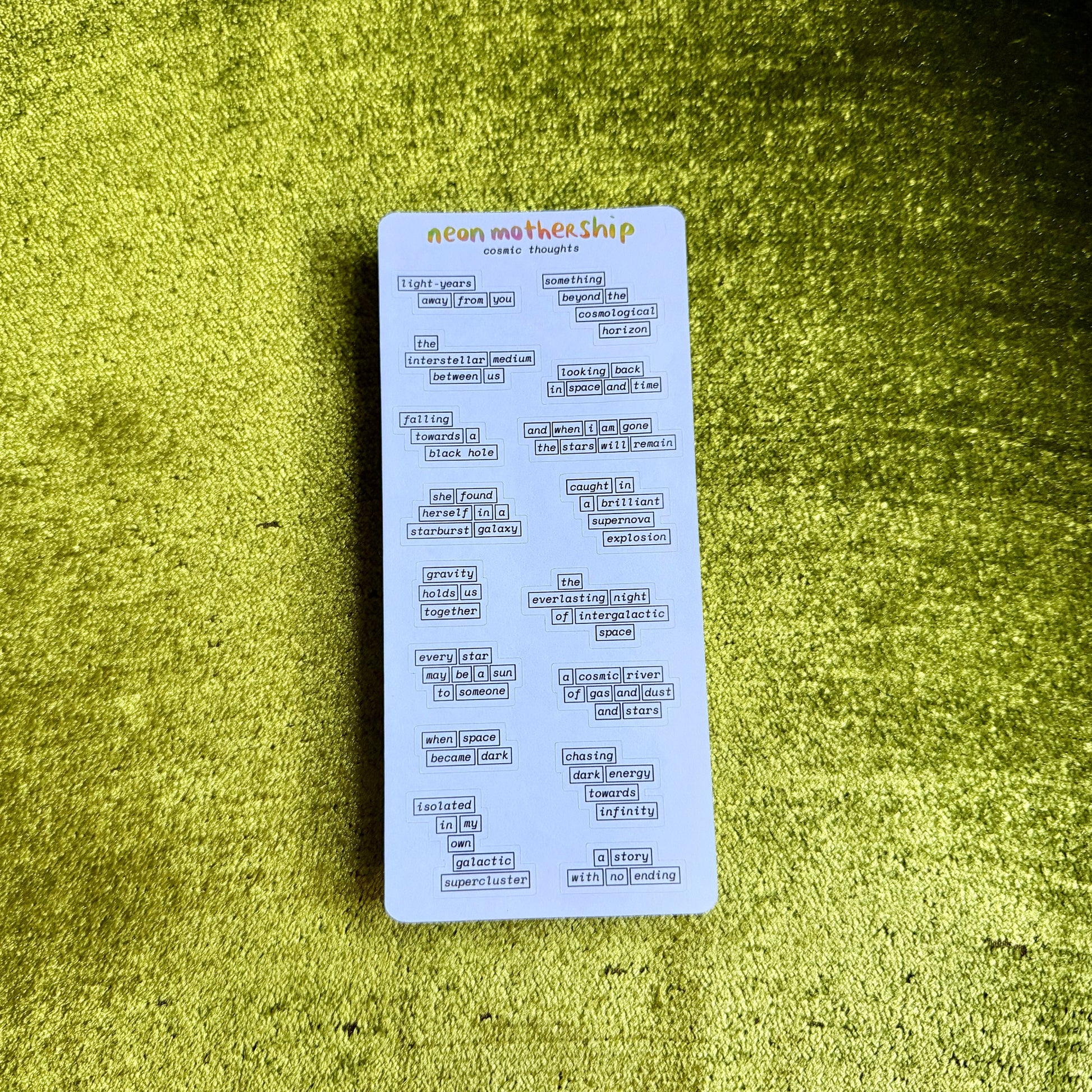 sticker sheet with word bubbles on a green background