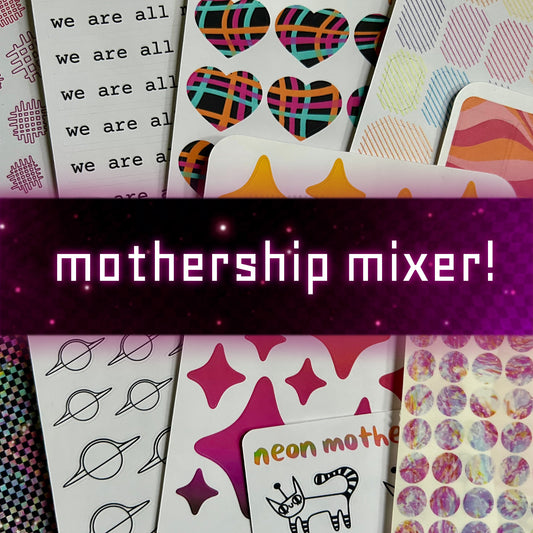 Collection of colorful stickers with text and patterns, featuring the title 'mothership mixer'.