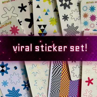 Collection of colorful geometric stickers with a promotional text overlay.