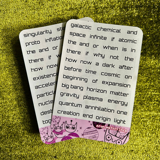 Two sticker sheets with text and cartoon characters on a green textured surface