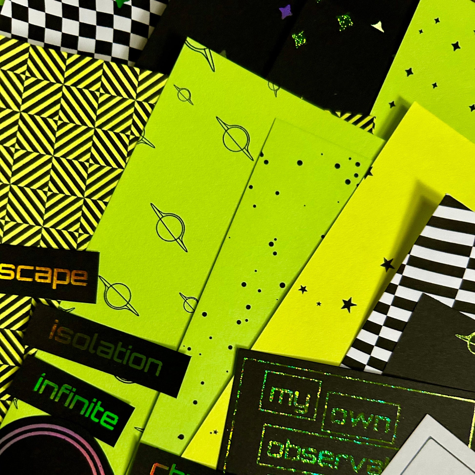 Colorful geometric patterns and text on a black background