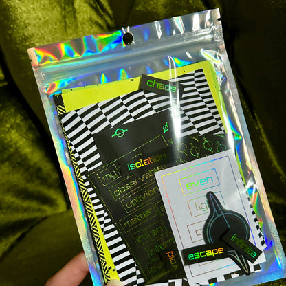 Holographic packaging with text and graphics on a green textured background