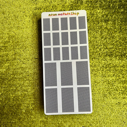 Rectangular grid sticker sheet with 'neon motherShip' branding on a green textured background