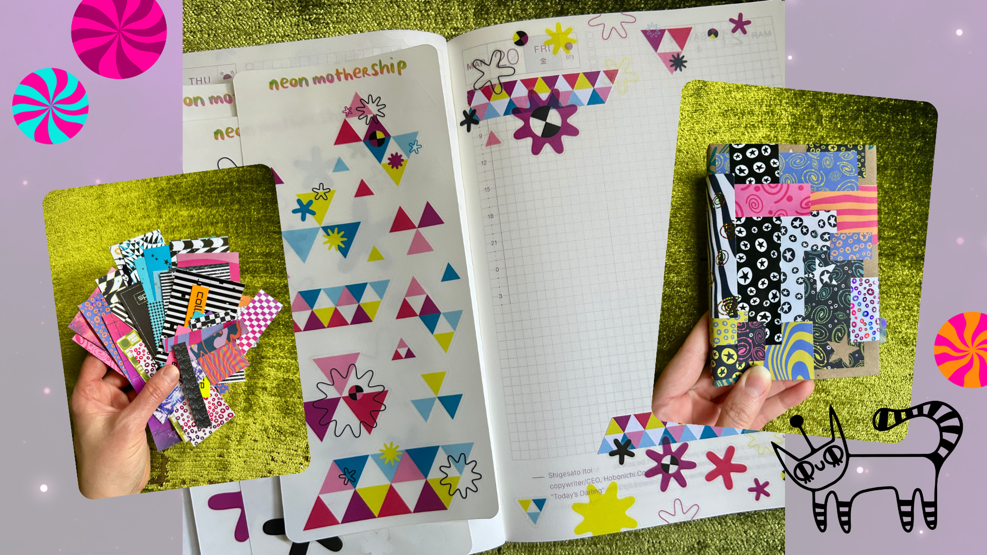 Colorful stationery items including notebooks and stickers on a green surface with decorative elements.