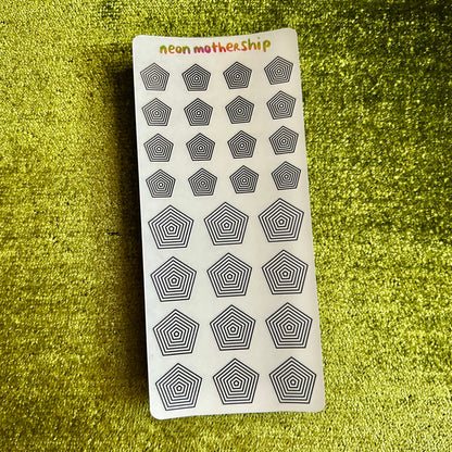 Sheet of geometric pentagon stickers with 'Neon Mothership' branding on a green textured background.